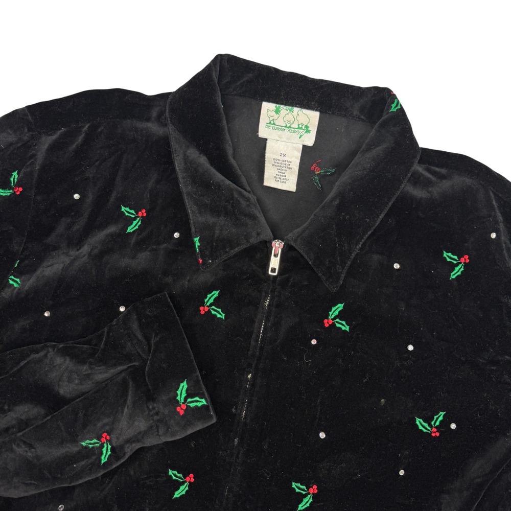 Vintage Quacker Factory Jacket‎ Womens 2X Holly Berry Velour Rhinestone 90s